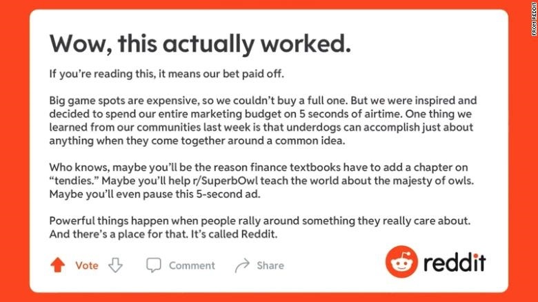 Reddit dốc tiền mua quảng cáo trận bóng lớn để gửi thông điệp vụ GameStop