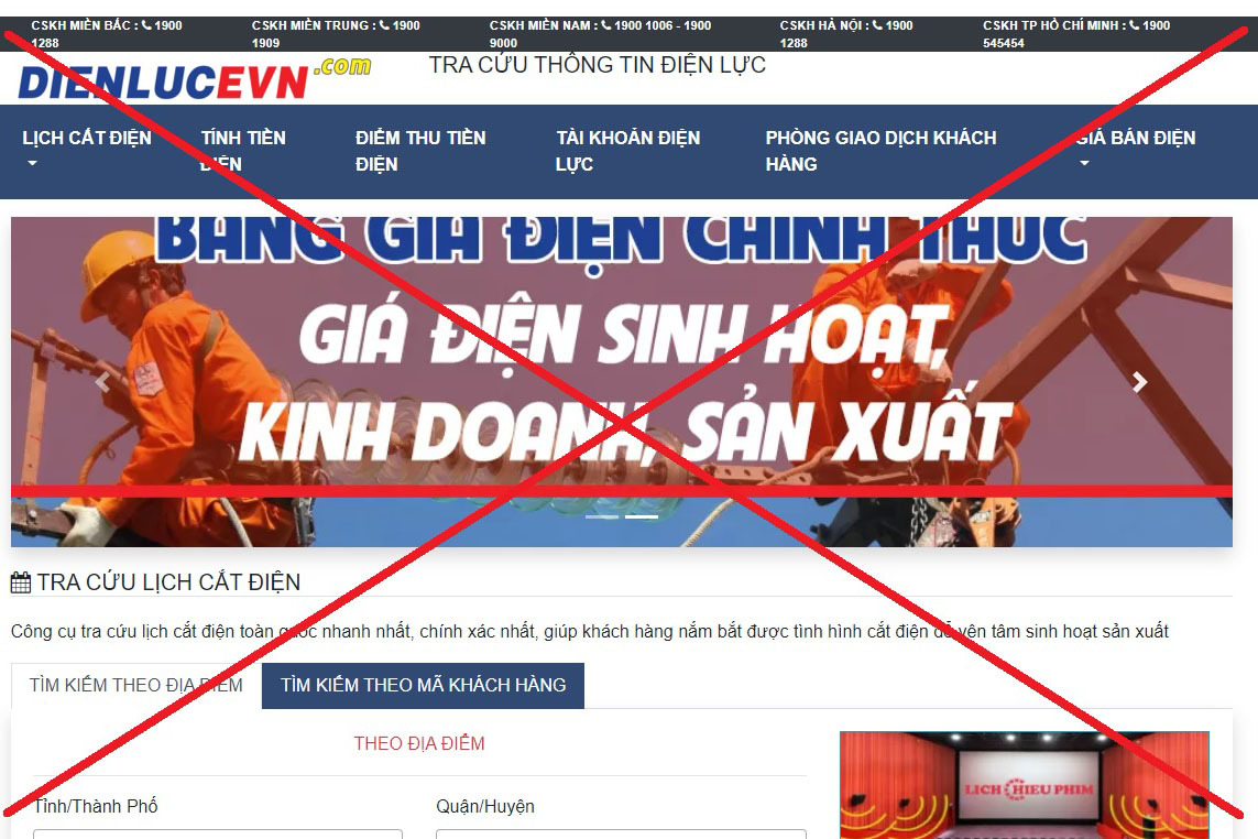 Ba website giả mạo trang thông tin của EVN đã bị ngăn chặn