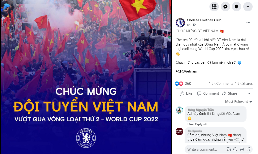 Fanpage Chelsea chúc mừng Việt Nam vào vòng loại cuối của World Cup 2022