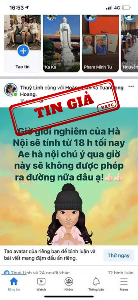 Một tài khoản Facebook tung tin giả Hà Nội 'giới nghiêm' từ 18h tối nay