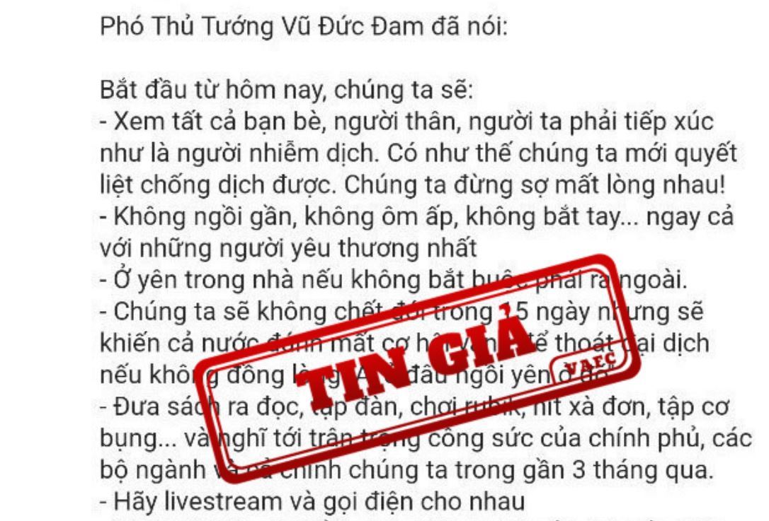 Nhiều tài khoản Facebook đăng thông tin giả mạo phát ngôn của Phó Thủ tướng Vũ Đức Đam