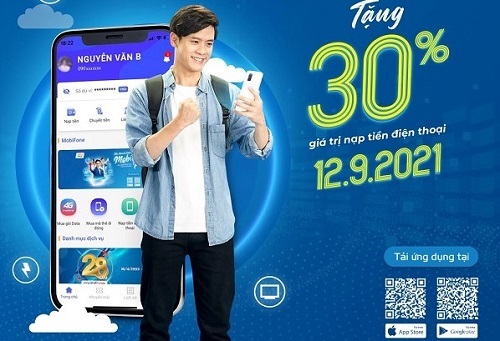 Tải MobiFone Pay nhận ngay khuyến mại 30% khi nạp tiền điện thoại.