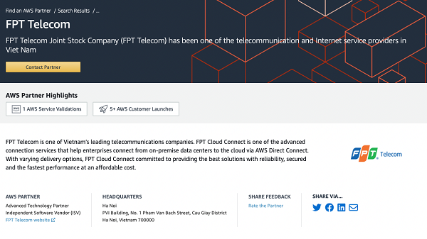 FPT Telecom International,Đối tác Công nghệ Cao cấp,AWS