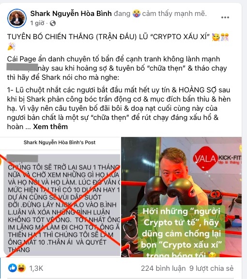 Shark Nguyễn Hoà Bình tuyên chiến với “nhóm crypto xấu xí”