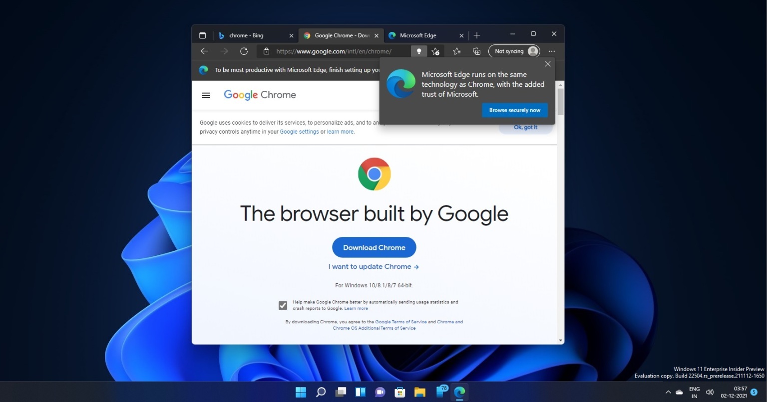 Trình duyệt Microsoft Edge ngăn người dùng tải Google Chrome
