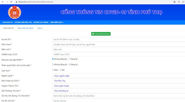 Phú Thọ mở cổng thông tin để F0 khai báo y tế trực tuyến