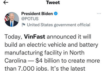 Tổng thống Mỹ Joe Biden đề cập việc Vinfast xây dựng nhà máy xe điện tại Mỹ