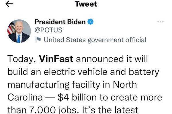 Tổng thống Mỹ Joe Biden đề cập việc Vinfast xây dựng nhà máy xe điện tại Mỹ