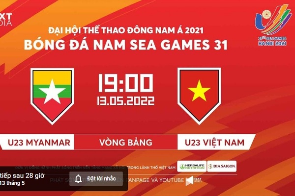 Địa chỉ xem bóng đá SEA Games 31, U23 Việt Nam vs U23 Myanmar, trên YouTube