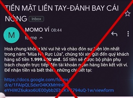 Giả mạo MoMo, gửi email tặng tiền để chiếm đoạt ví điện tử