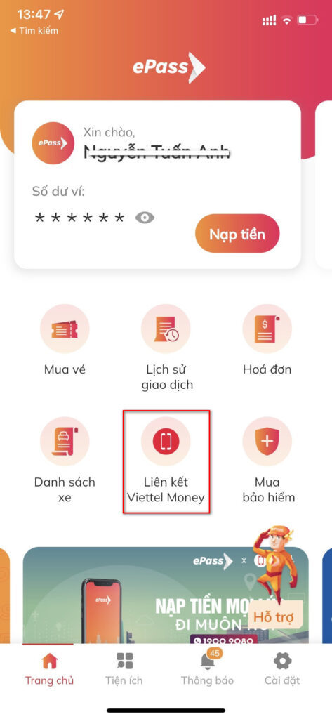 Cách liên kết tài khoản thu phí không dừng ePass với Viettel Money